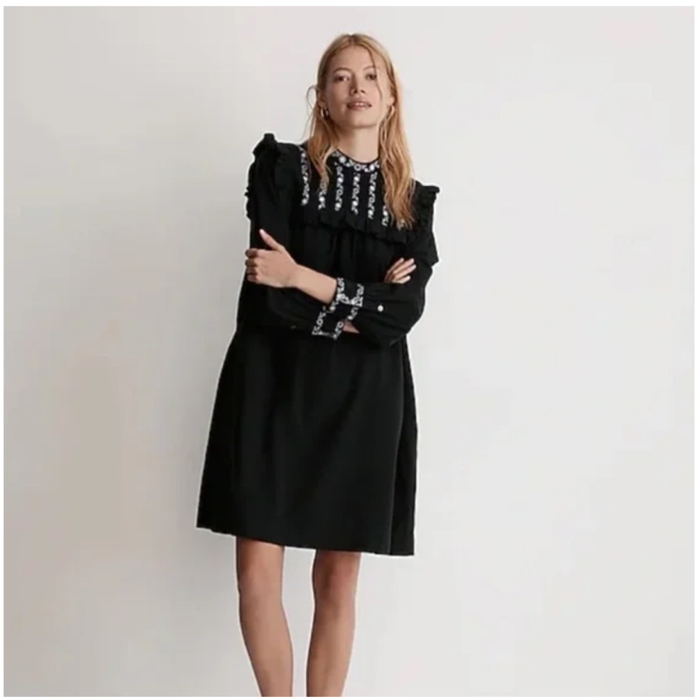 Madewell Black Long Sleeve Dress with Embroidery